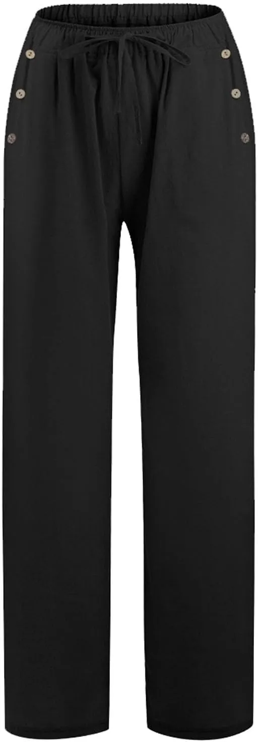 Linen Pants Women Summer Wide Leg Casual Palazzo Pant High Waisted Drawstring Lounge Beach Trousers with Pockets