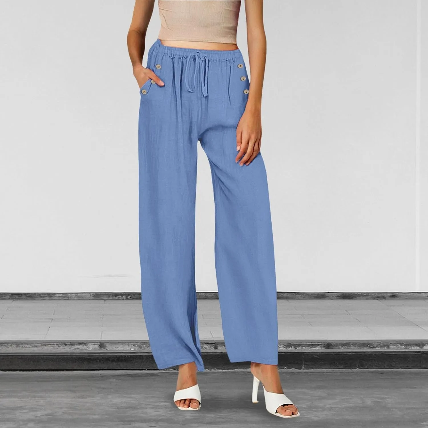 Linen Pants Women Summer Wide Leg Casual Palazzo Pant High Waisted Drawstring Lounge Beach Trousers with Pockets