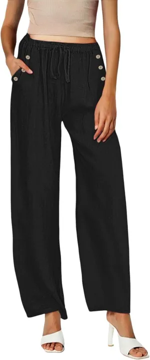 Linen Pants Women Summer Wide Leg Casual Palazzo Pant High Waisted Drawstring Lounge Beach Trousers with Pockets