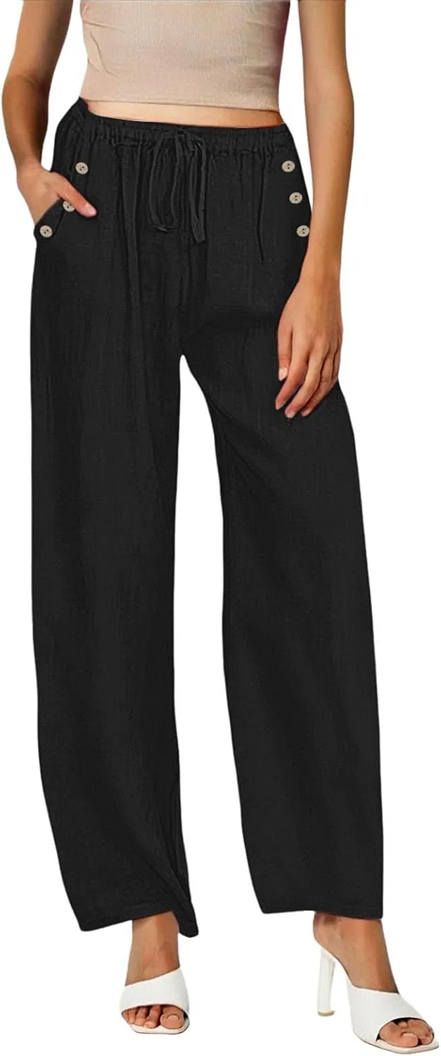 Linen Pants Women Summer Wide Leg Casual Palazzo Pant High Waisted Drawstring Lounge Beach Trousers with Pockets