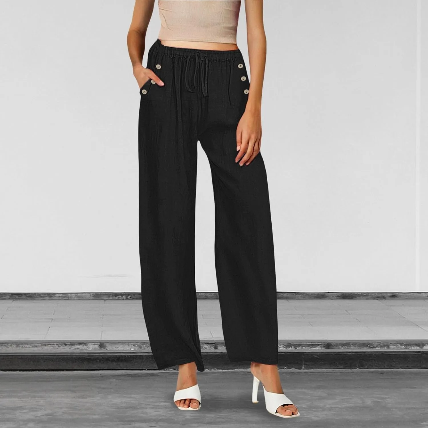Linen Pants Women Summer Wide Leg Casual Palazzo Pant High Waisted Drawstring Lounge Beach Trousers with Pockets
