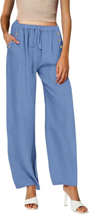 Linen Pants Women Summer Wide Leg Casual Palazzo Pant High Waisted Drawstring Lounge Beach Trousers with Pockets