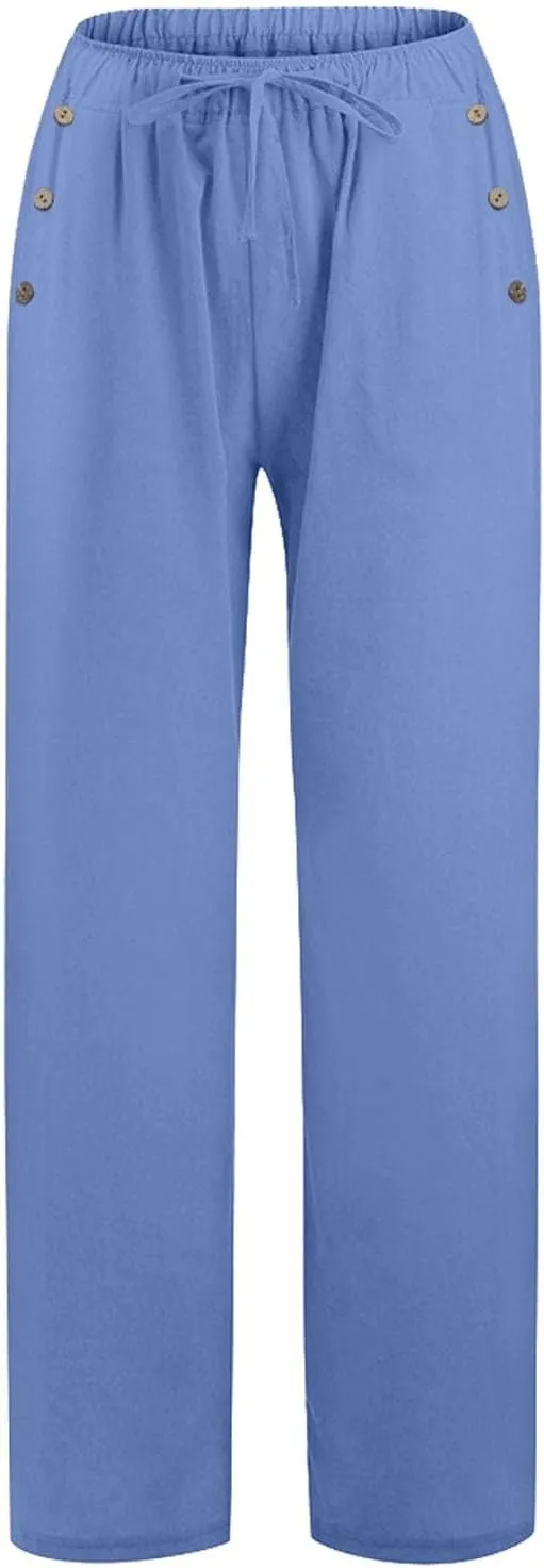 Linen Pants Women Summer Wide Leg Casual Palazzo Pant High Waisted Drawstring Lounge Beach Trousers with Pockets