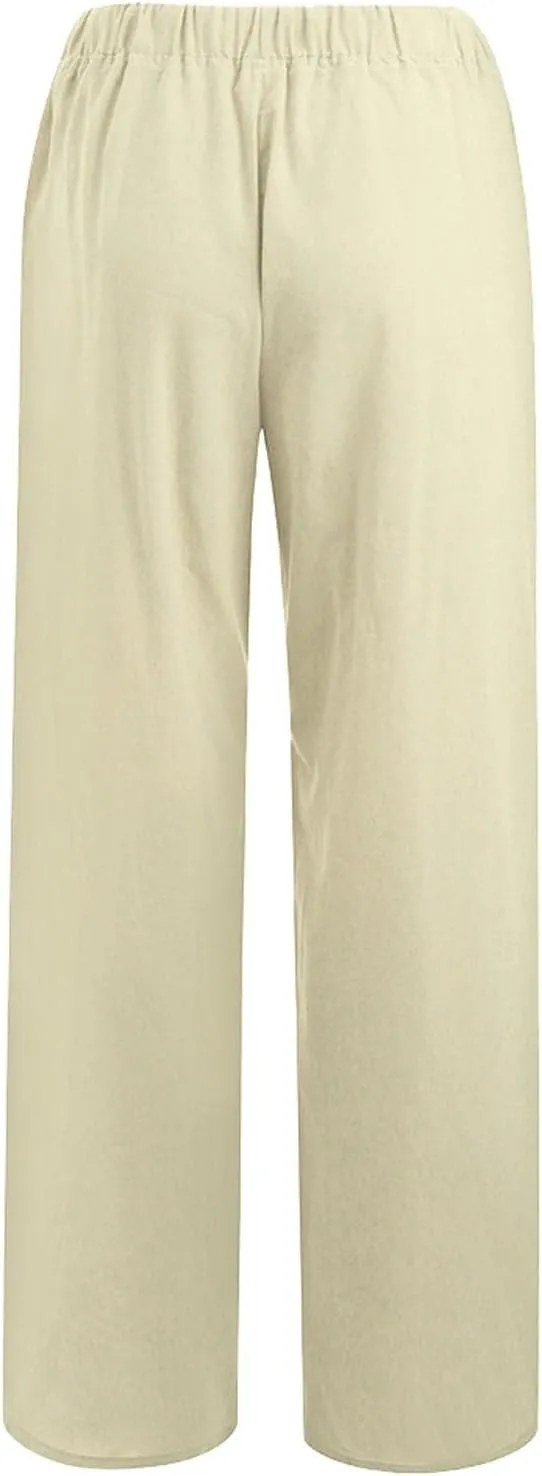 Linen Pants Women Summer Wide Leg Casual Palazzo Pant High Waisted Drawstring Lounge Beach Trousers with Pockets