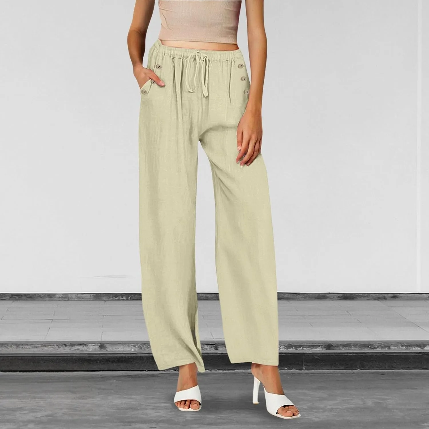 Linen Pants Women Summer Wide Leg Casual Palazzo Pant High Waisted Drawstring Lounge Beach Trousers with Pockets
