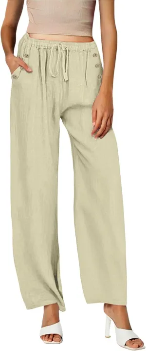 Linen Pants Women Summer Wide Leg Casual Palazzo Pant High Waisted Drawstring Lounge Beach Trousers with Pockets