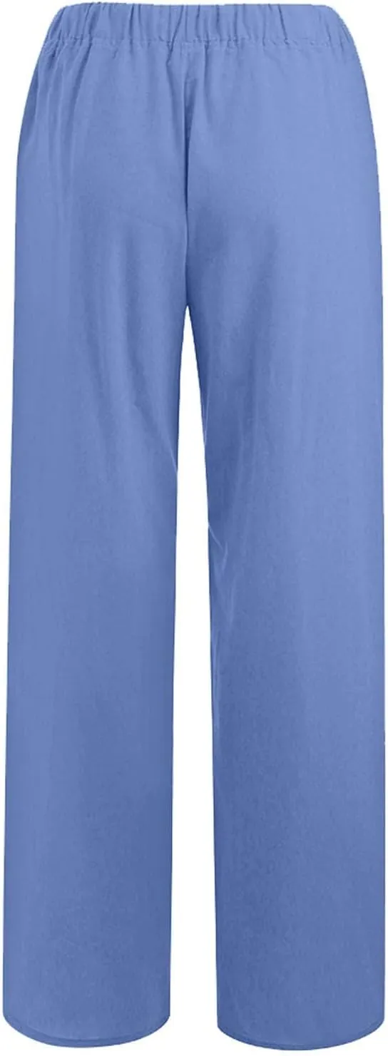 Linen Pants Women Summer Wide Leg Casual Palazzo Pant High Waisted Drawstring Lounge Beach Trousers with Pockets