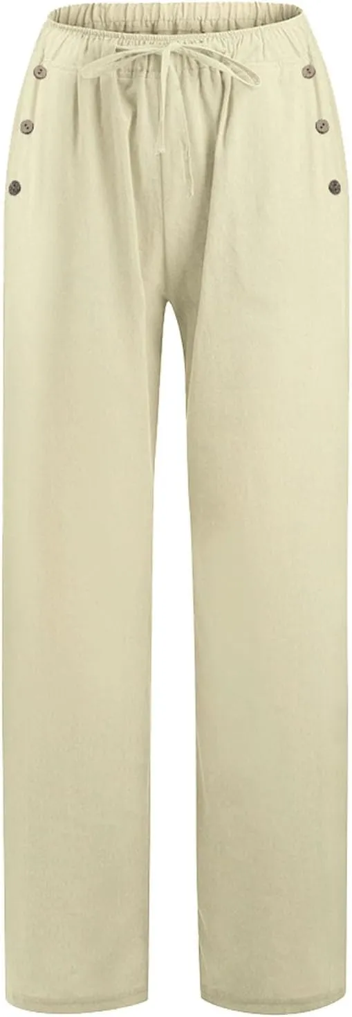 Linen Pants Women Summer Wide Leg Casual Palazzo Pant High Waisted Drawstring Lounge Beach Trousers with Pockets