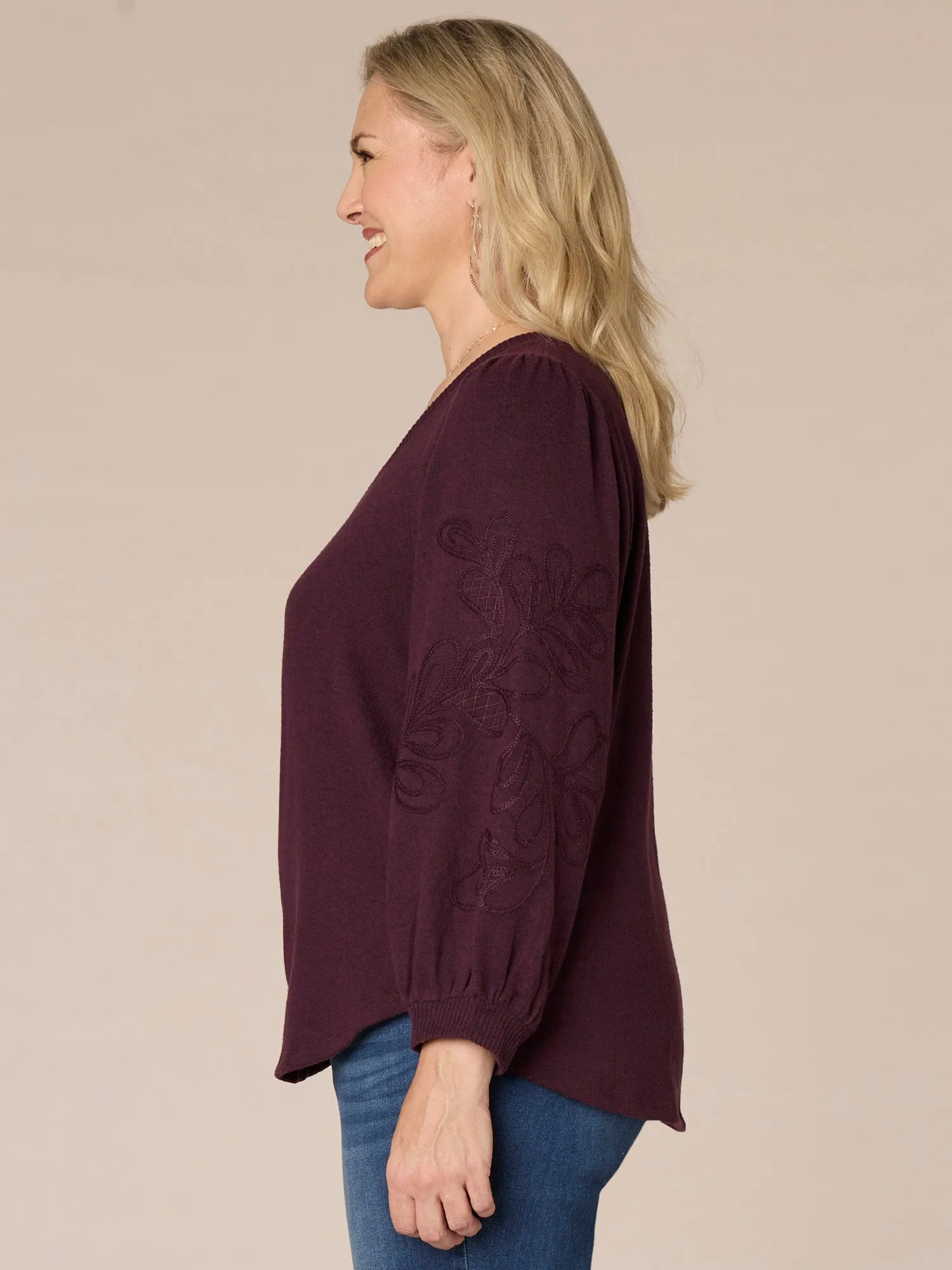 Long Blouson Sleeve Sweetheart Neck Shirttauil Hem Plus Size Knit Top