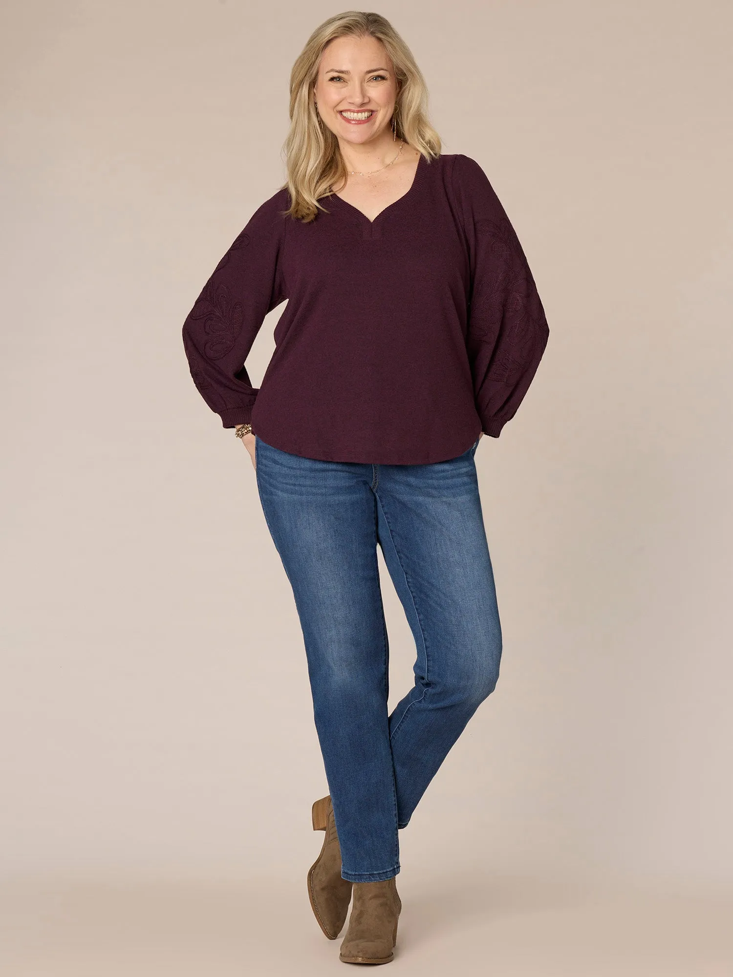 Long Blouson Sleeve Sweetheart Neck Shirttauil Hem Plus Size Knit Top
