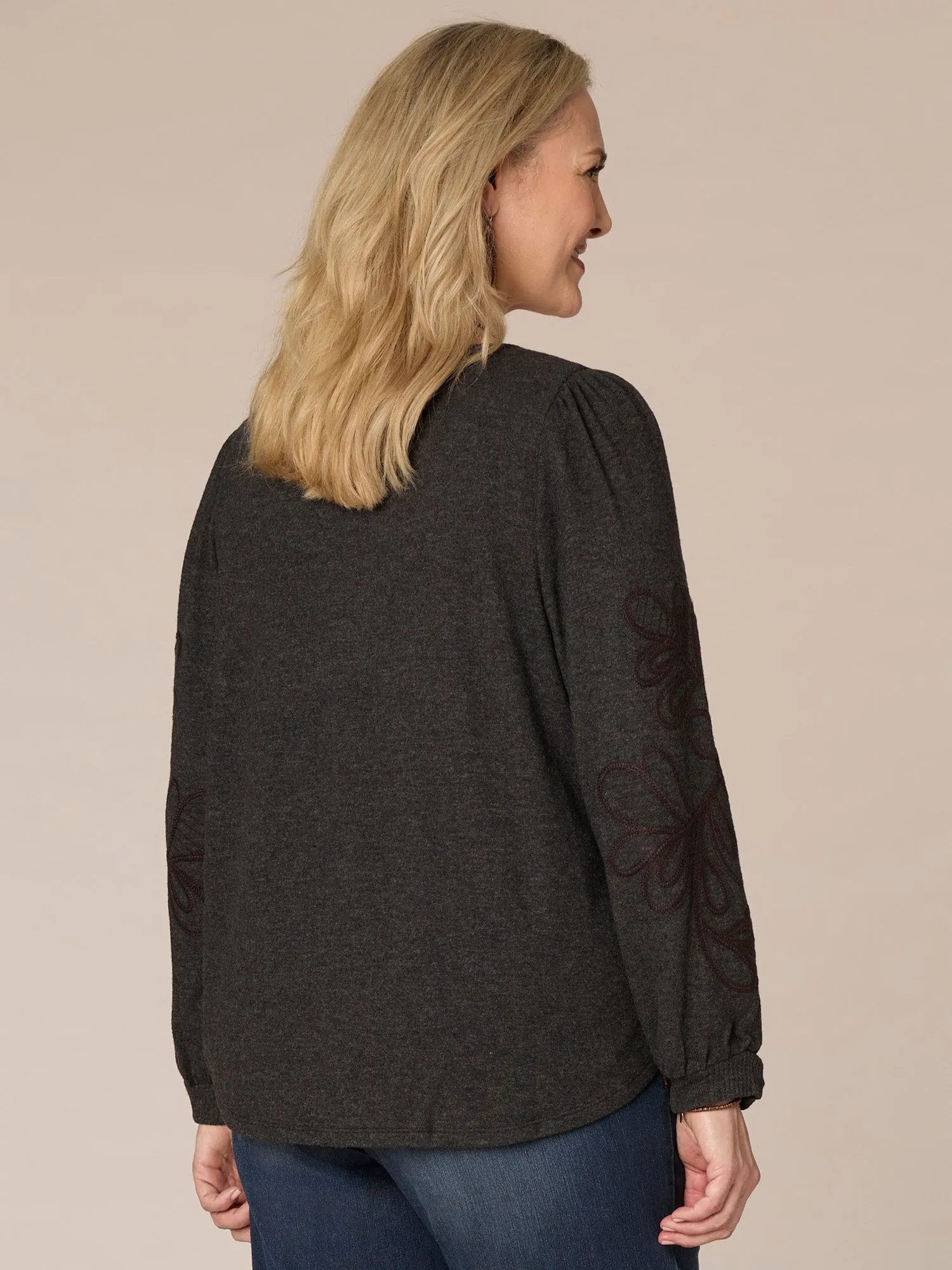 Long Blouson Sleeve Sweetheart Neck Shirttauil Hem Plus Size Knit Top