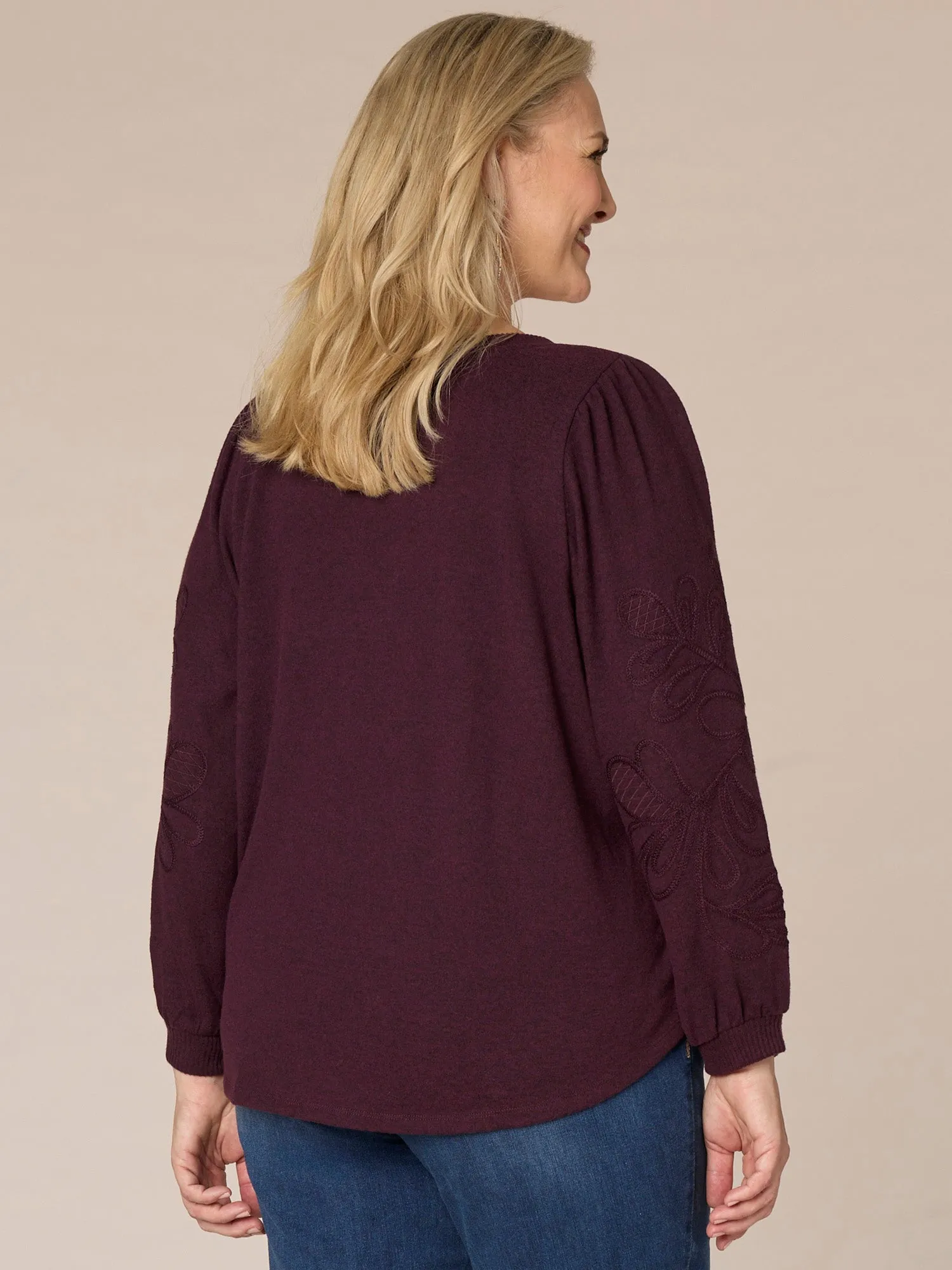 Long Blouson Sleeve Sweetheart Neck Shirttauil Hem Plus Size Knit Top