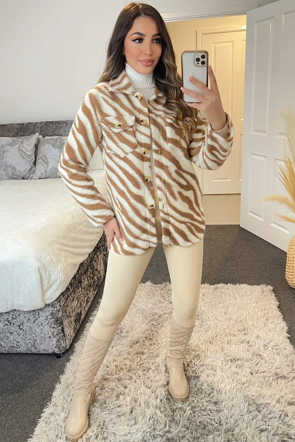 Louise Brown and White Zebra Print Knitted Oversized Shacket