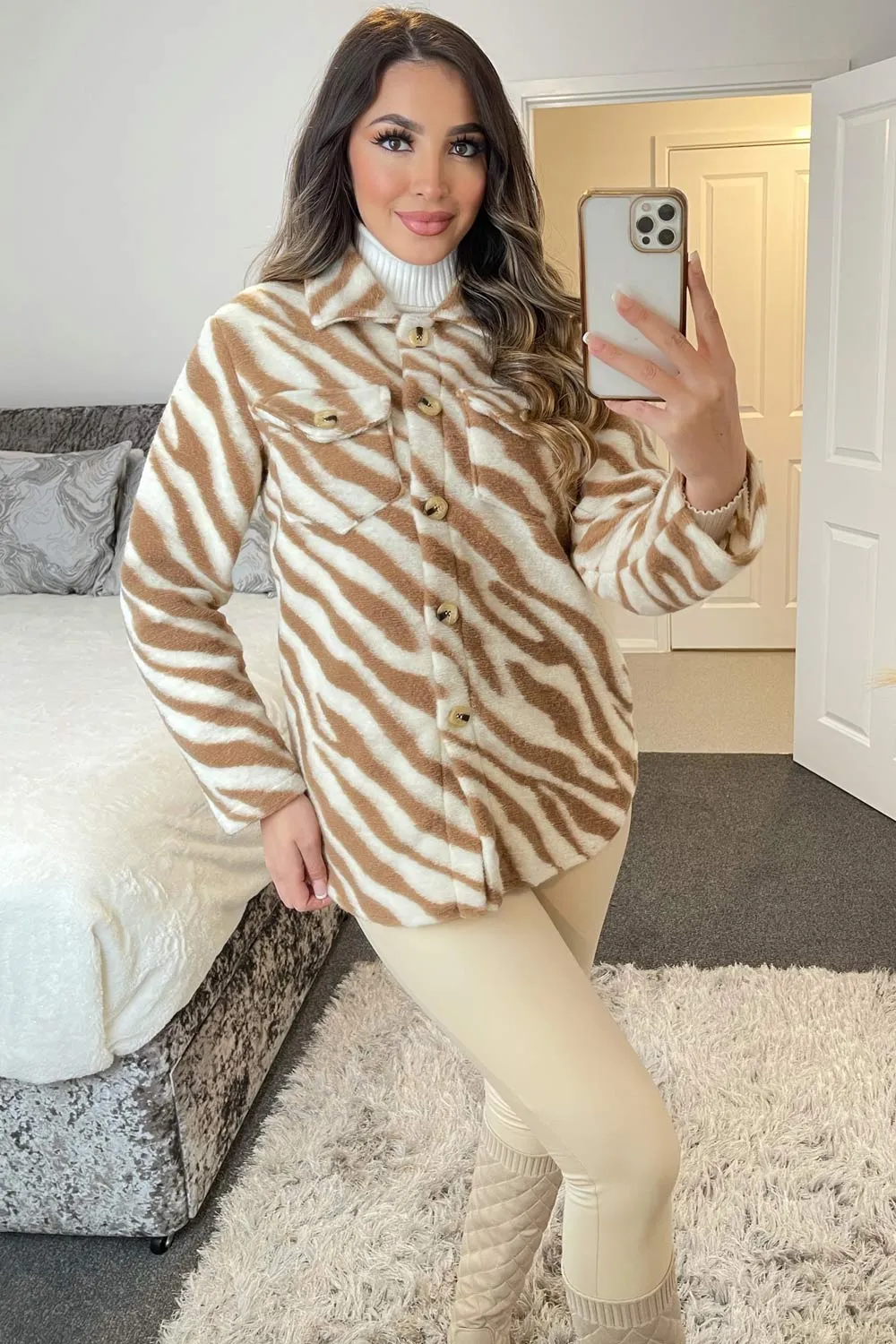Louise Brown and White Zebra Print Knitted Oversized Shacket