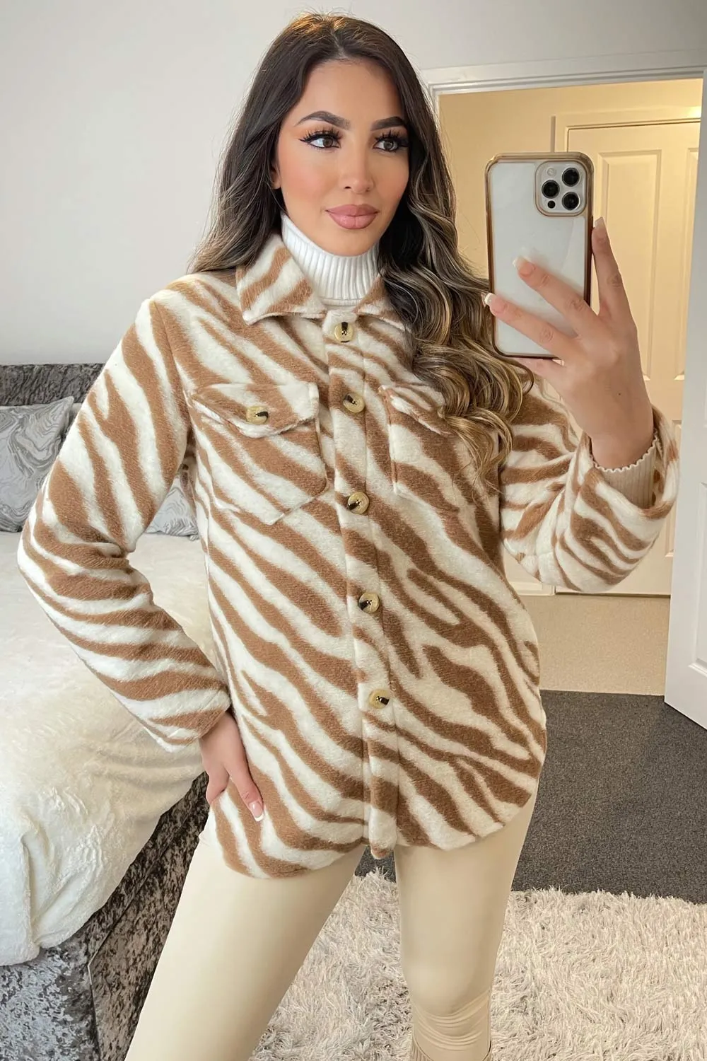 Louise Brown and White Zebra Print Knitted Oversized Shacket