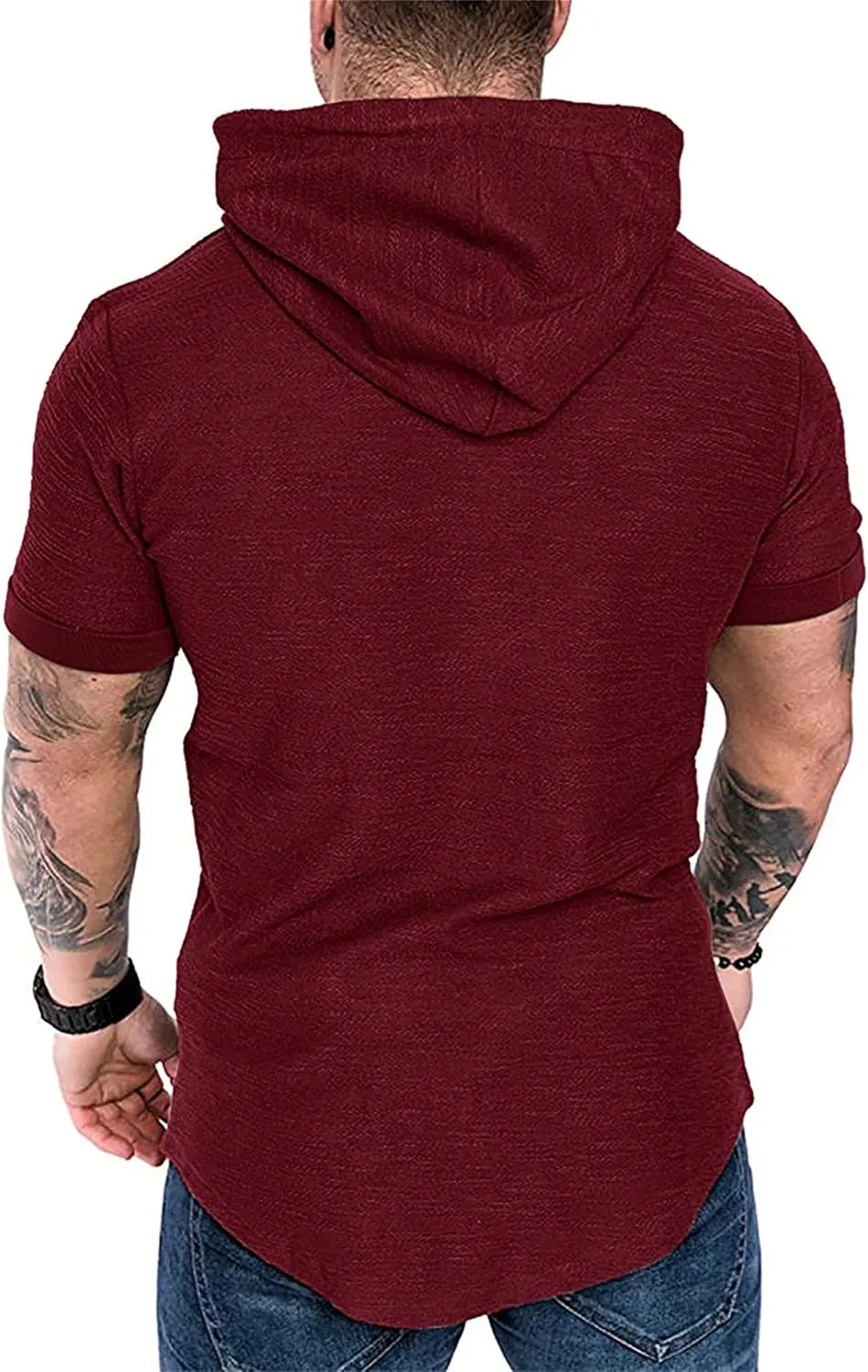 Maiyifu-GJ Men's Short Sleeve Athletic Hoodie Lightweight Workout Hooded T-Shirts Solid Color Slim Fit Pullover Sweatshirt