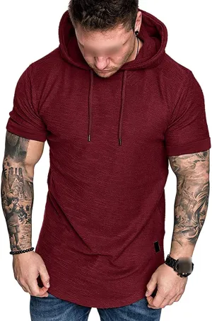 Maiyifu-GJ Men's Short Sleeve Athletic Hoodie Lightweight Workout Hooded T-Shirts Solid Color Slim Fit Pullover Sweatshirt