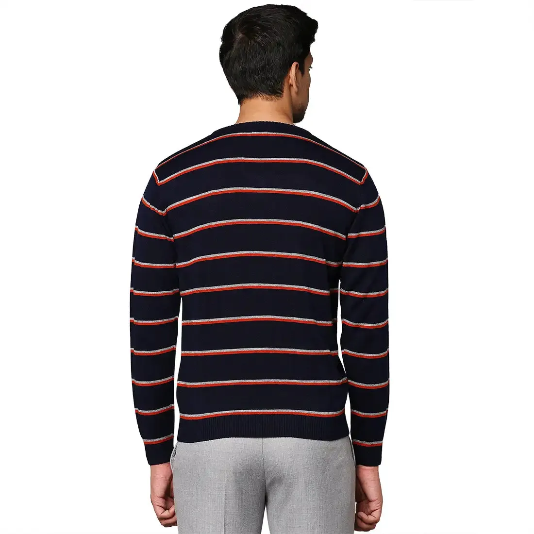Men Blue Regular Fit Stripe Acrylic Full Sleeve V Neck Collar Sweaters