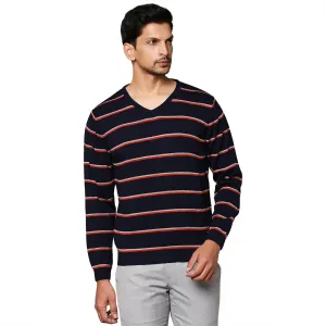 Men Blue Regular Fit Stripe Acrylic Full Sleeve V Neck Collar Sweaters