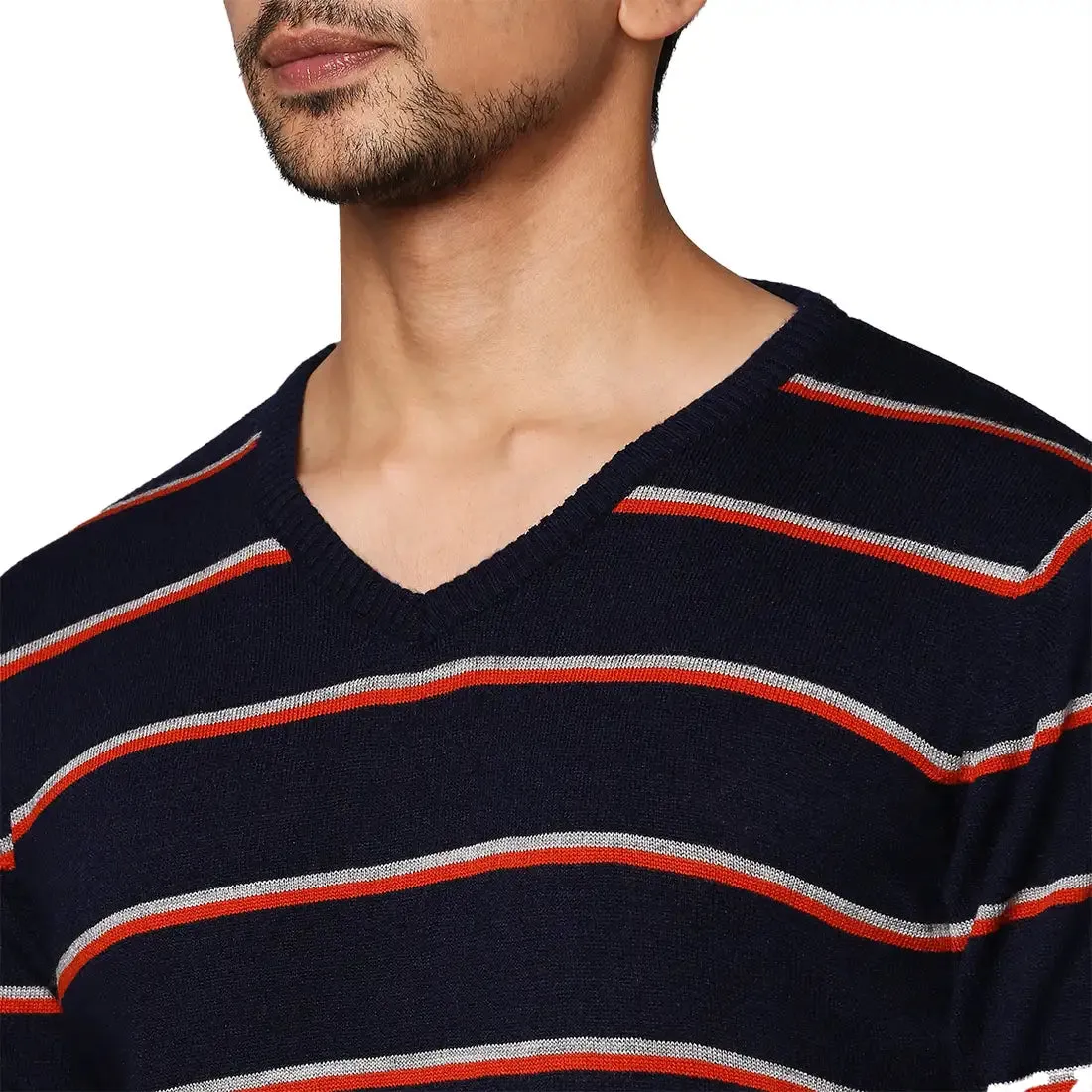 Men Blue Regular Fit Stripe Acrylic Full Sleeve V Neck Collar Sweaters