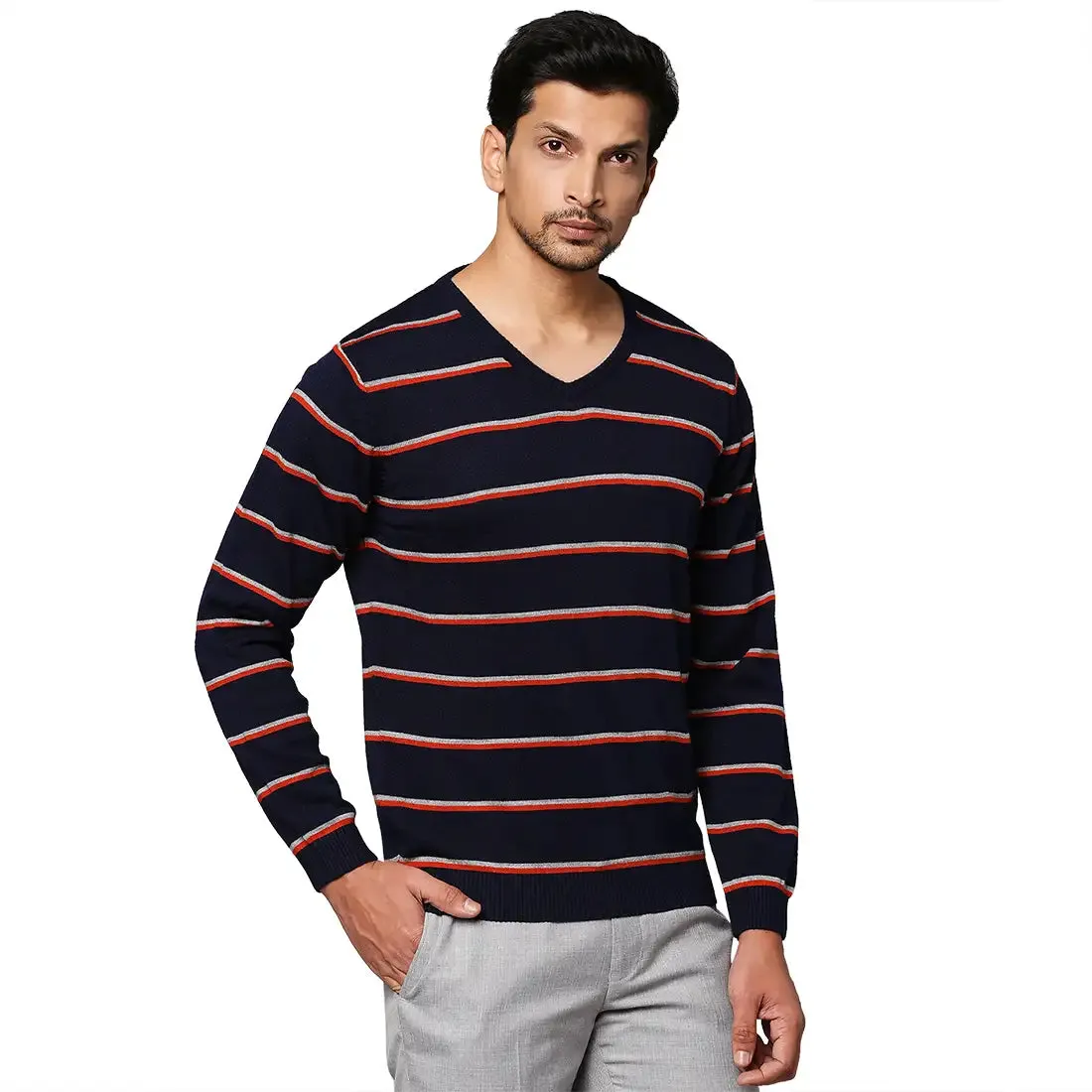 Men Blue Regular Fit Stripe Acrylic Full Sleeve V Neck Collar Sweaters