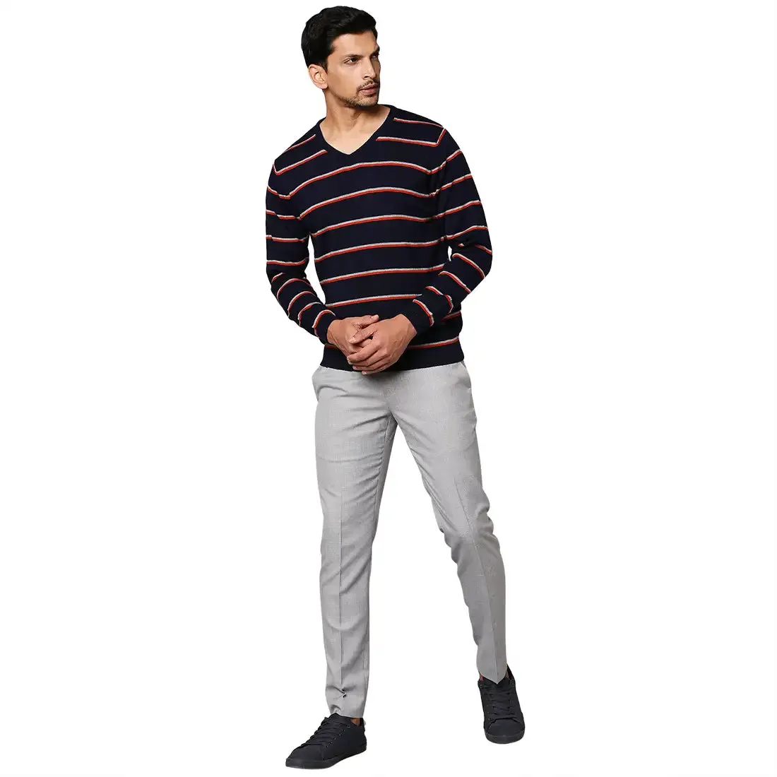 Men Blue Regular Fit Stripe Acrylic Full Sleeve V Neck Collar Sweaters