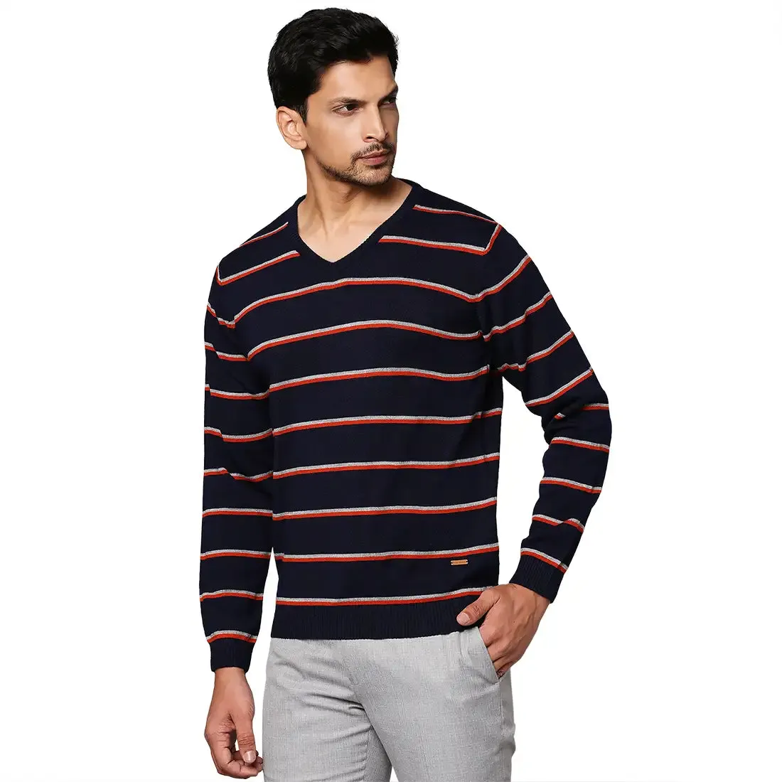 Men Blue Regular Fit Stripe Acrylic Full Sleeve V Neck Collar Sweaters