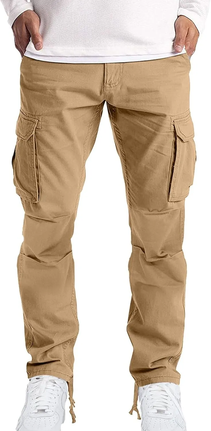 Men's Causal Cargo Pants Solid Color Multi Pockets Straight Leg Trousers Outdoor Wearing Pants with Pockets Overalls