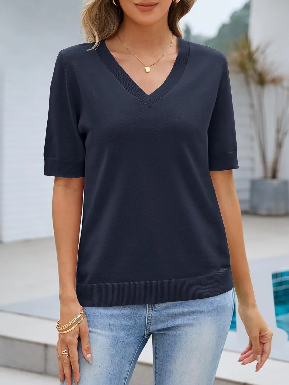 MEROKEETY Women's Summer Short Sleeve Tops Casual V Neck Lightweight Knit Sweater Shirts Blouse