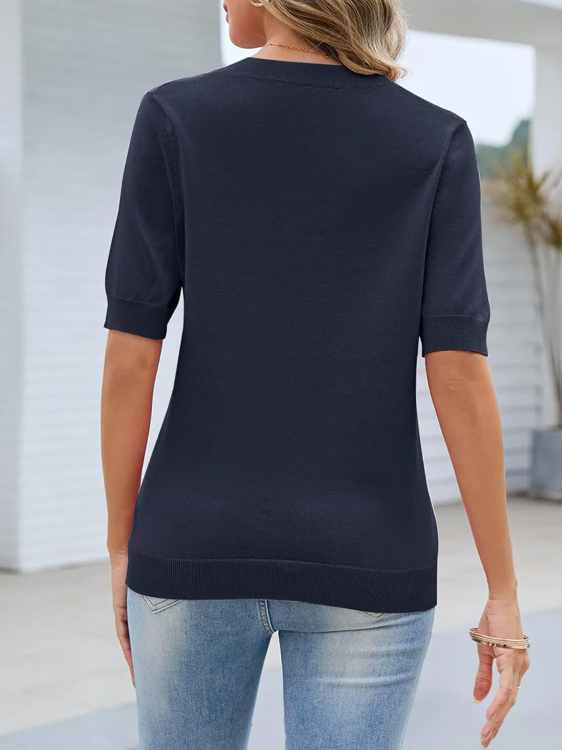 MEROKEETY Women's Summer Short Sleeve Tops Casual V Neck Lightweight Knit Sweater Shirts Blouse