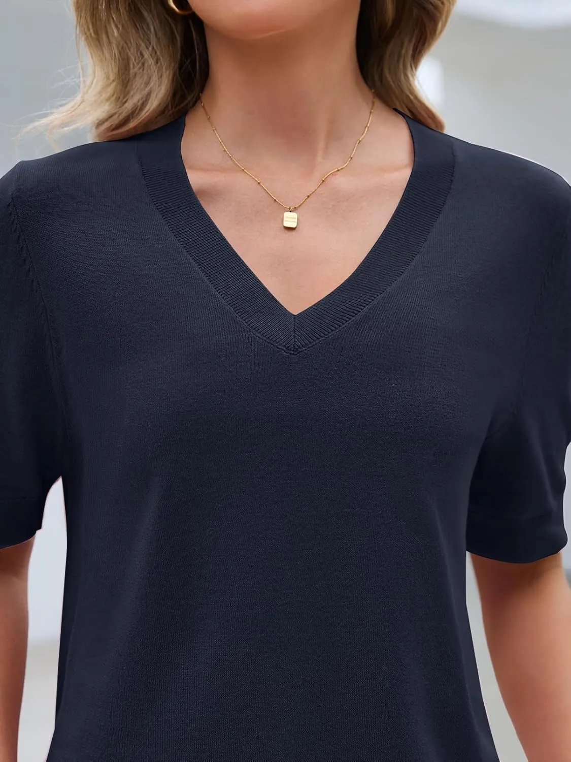 MEROKEETY Women's Summer Short Sleeve Tops Casual V Neck Lightweight Knit Sweater Shirts Blouse