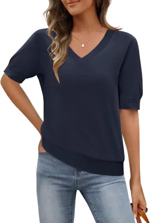MEROKEETY Women's Summer Short Sleeve Tops Casual V Neck Lightweight Knit Sweater Shirts Blouse