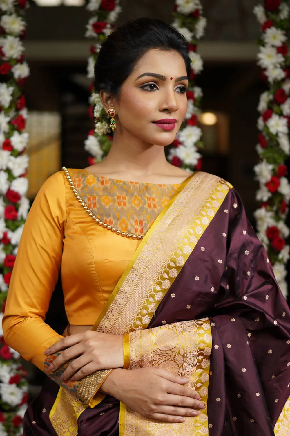 Mustard silk boatneck blouse with pure rawsilk ikkat yoke, made to order