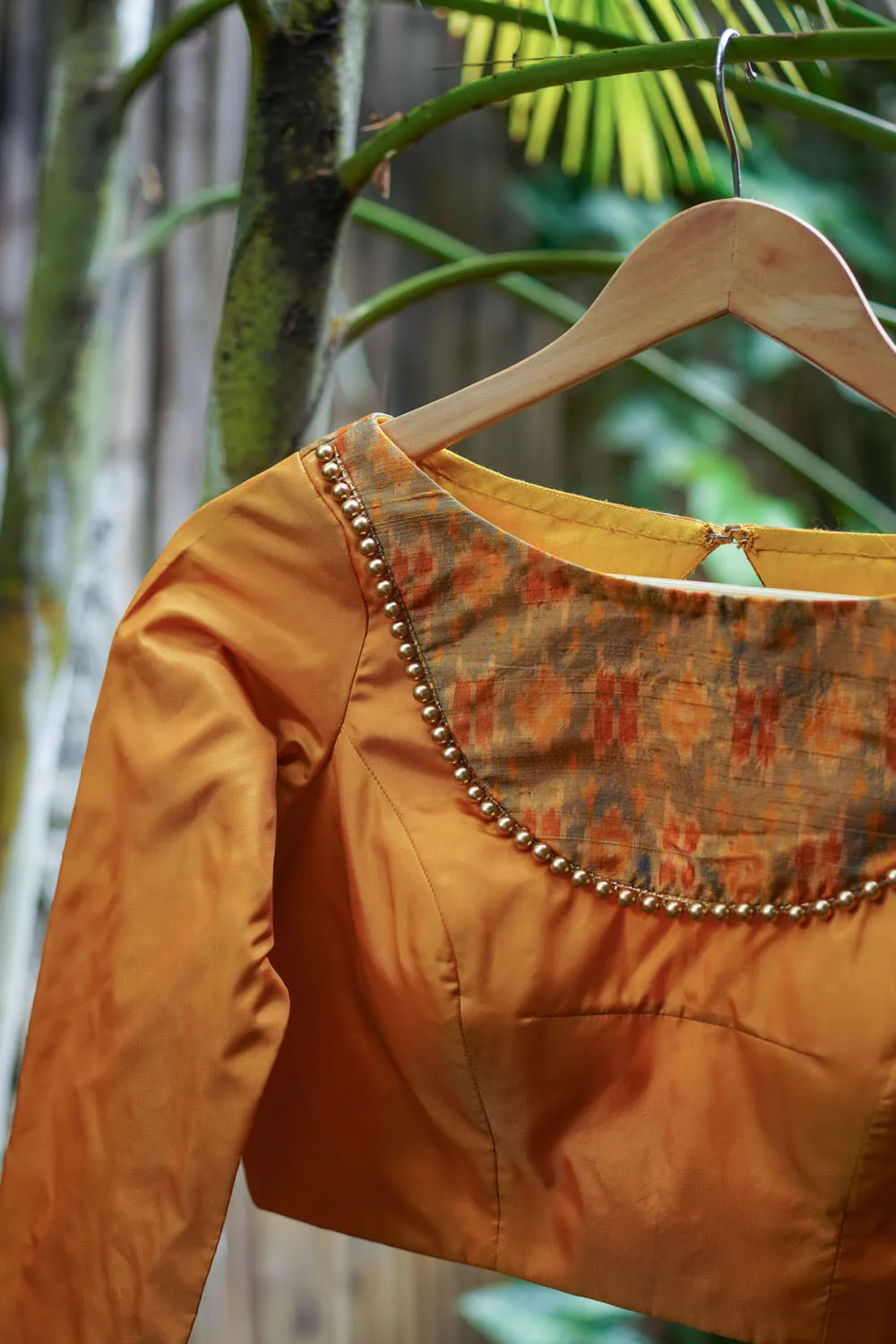 Mustard silk boatneck blouse with pure rawsilk ikkat yoke, made to order