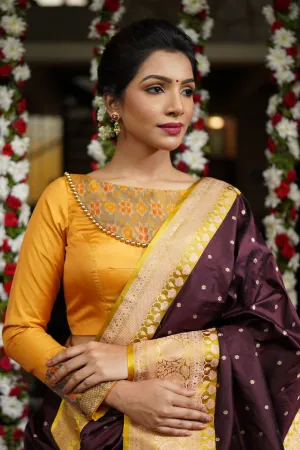 Mustard silk boatneck blouse with pure rawsilk ikkat yoke, made to order