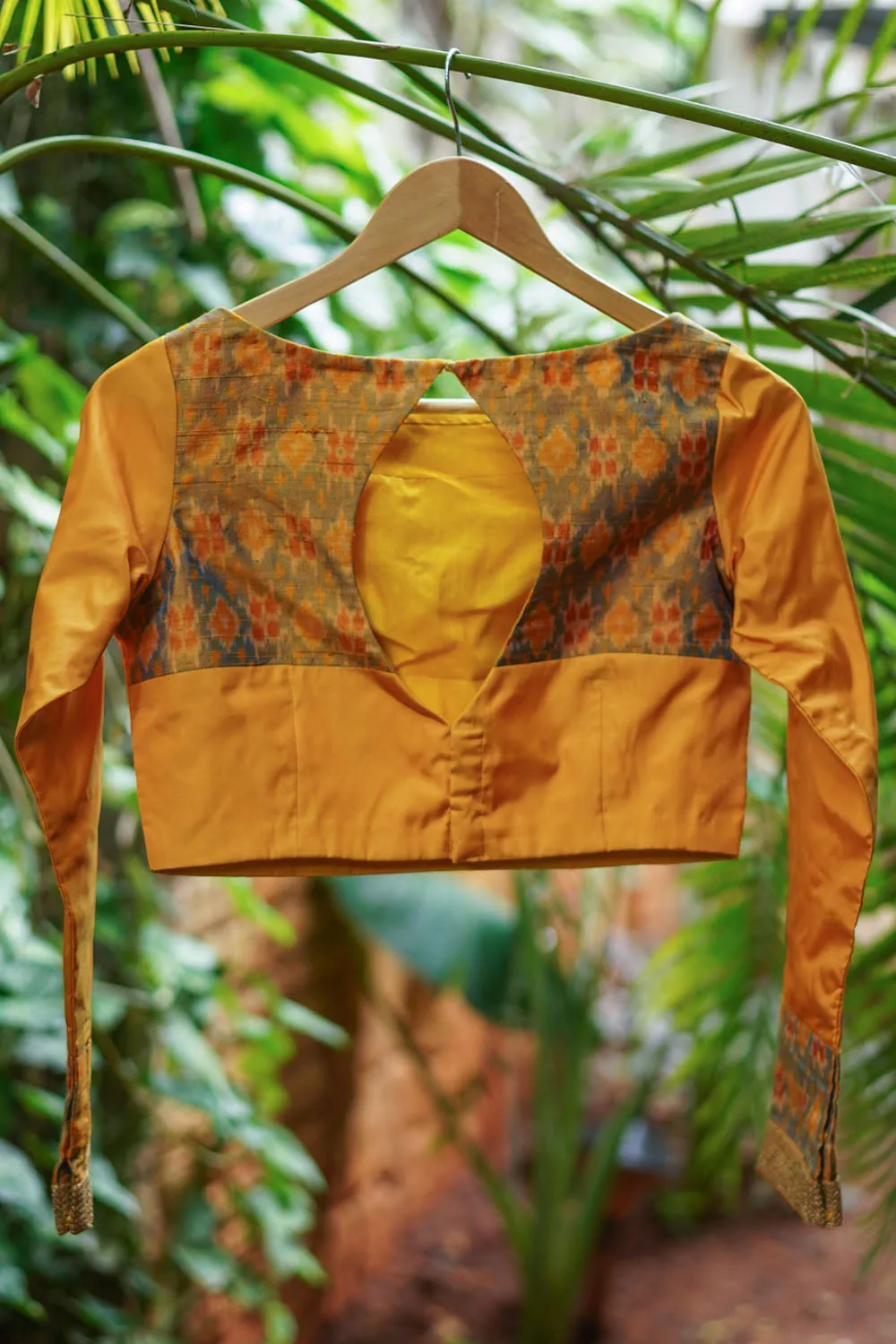 Mustard silk boatneck blouse with pure rawsilk ikkat yoke, made to order