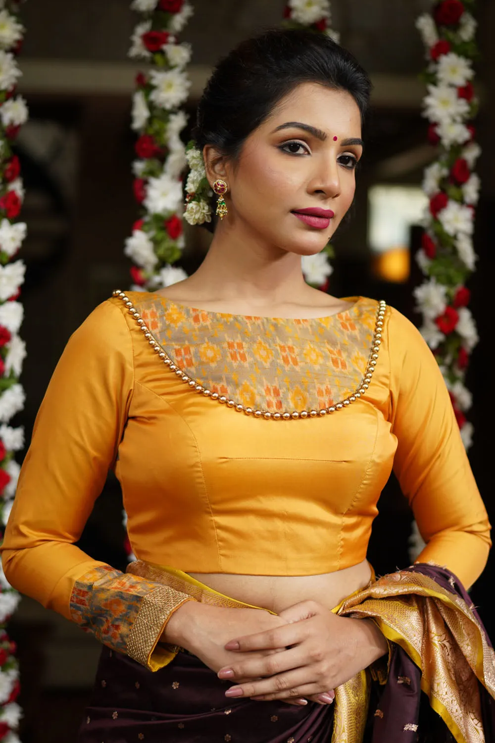 Mustard silk boatneck blouse with pure rawsilk ikkat yoke, made to order
