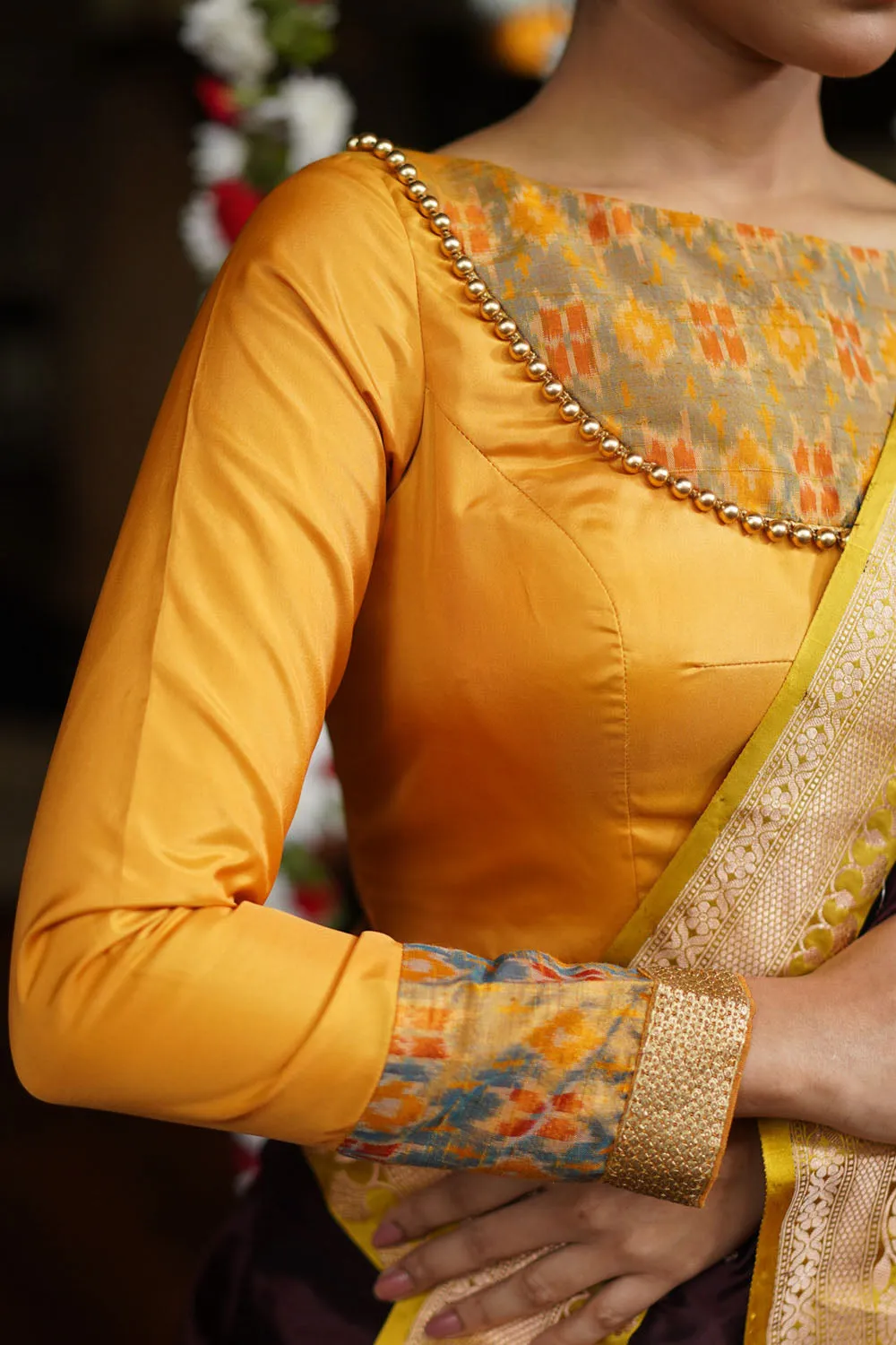 Mustard silk boatneck blouse with pure rawsilk ikkat yoke, made to order