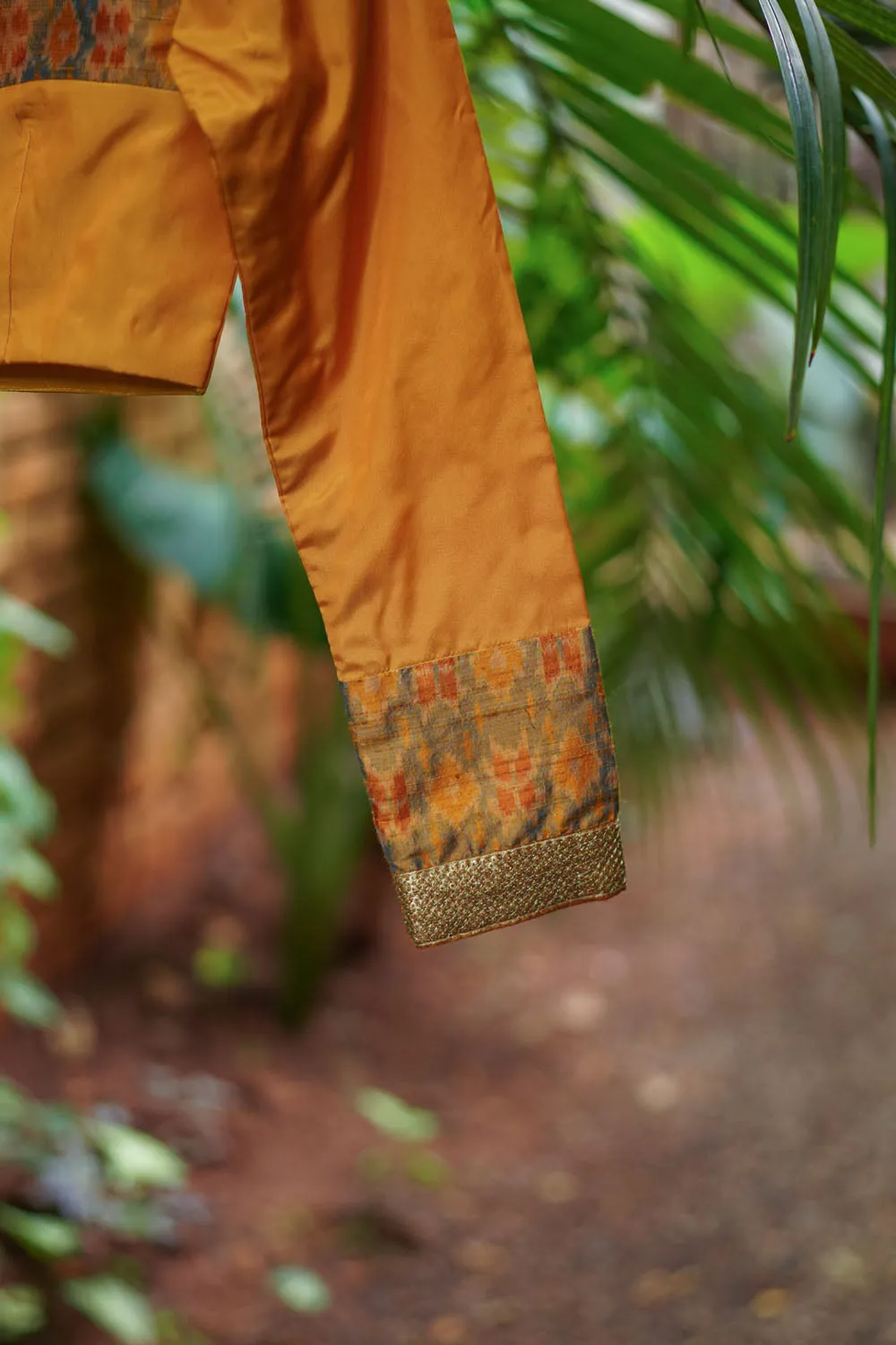 Mustard silk boatneck blouse with pure rawsilk ikkat yoke, made to order