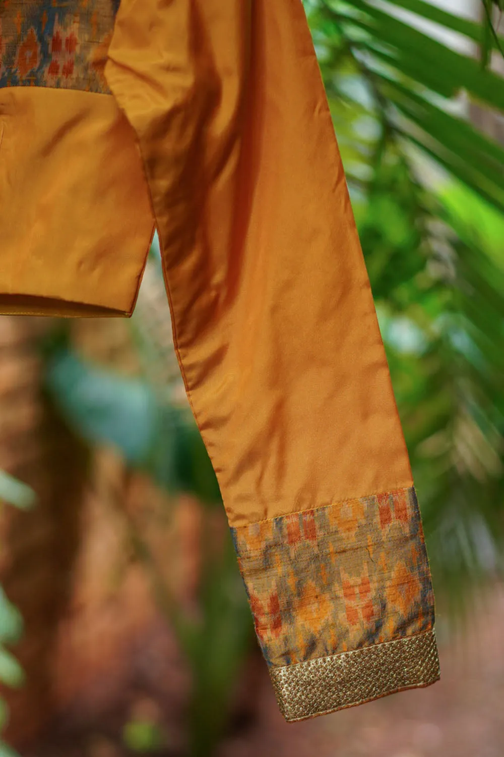 Mustard silk boatneck blouse with pure rawsilk ikkat yoke, made to order