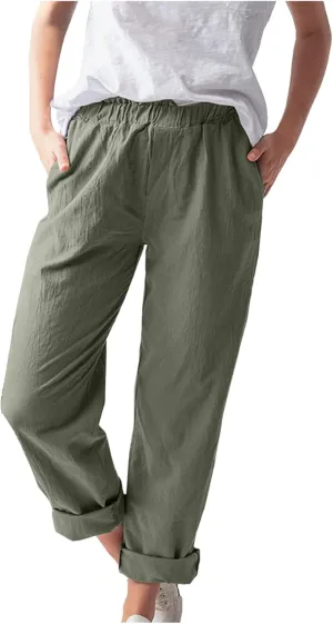 niuwa Cotton Linen Trousers for Women Elastic Waist Solid Color Casual Pants with Pockets Summer Boho Pants (Green, 2XL)