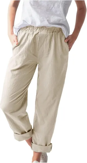 niuwa Cotton Linen Trousers for Women Elastic Waist Solid Color Casual Pants with Pockets Summer Boho Pants (Khaki, L)
