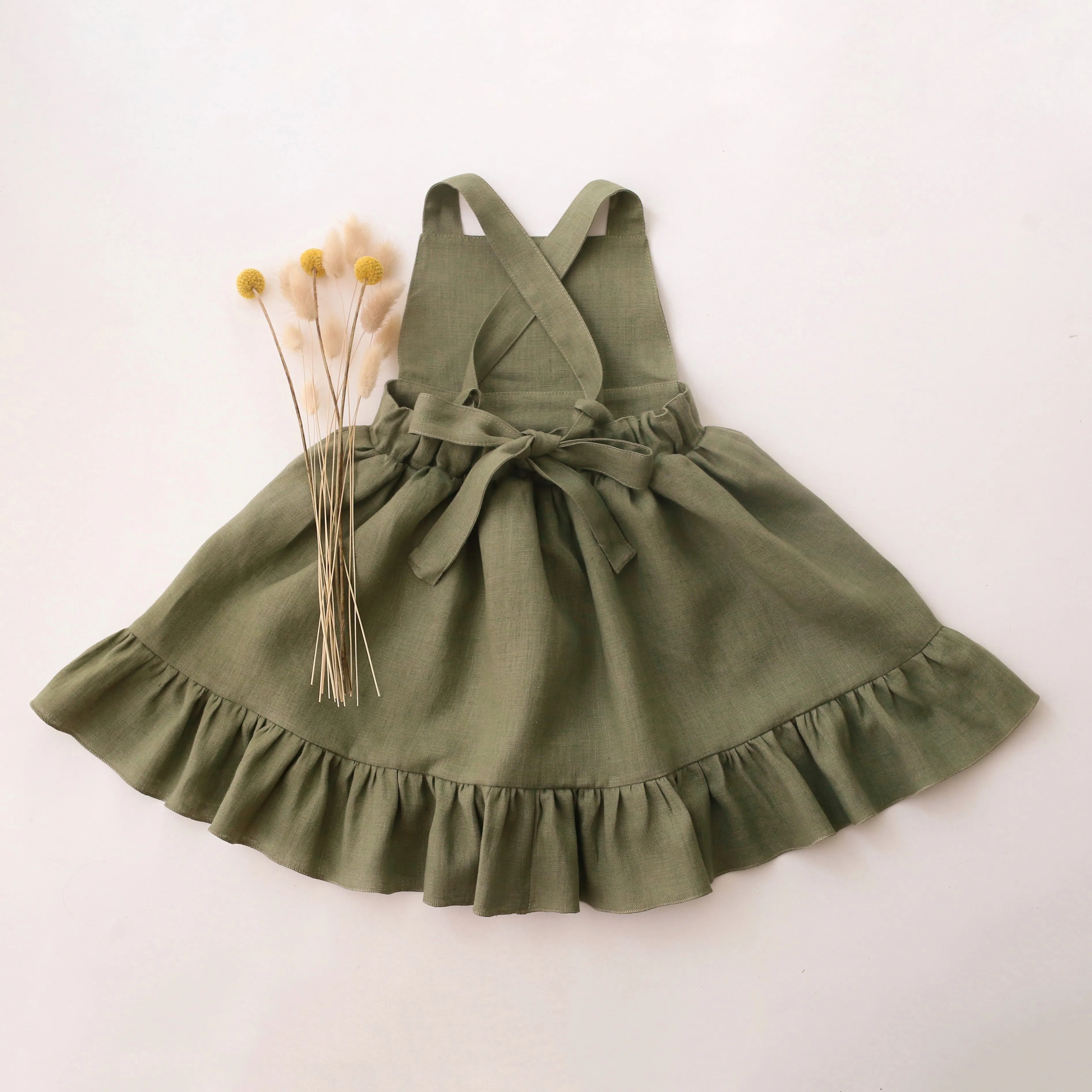 Olive Linen Straps Pinafore with Ruffled Hem