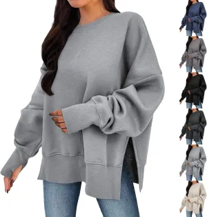 Oversized Sweatshirts Women Casual Loose Fit Crewneck Thumb Hole Sweatshirts High Low Split Hem Trendy Hoodies