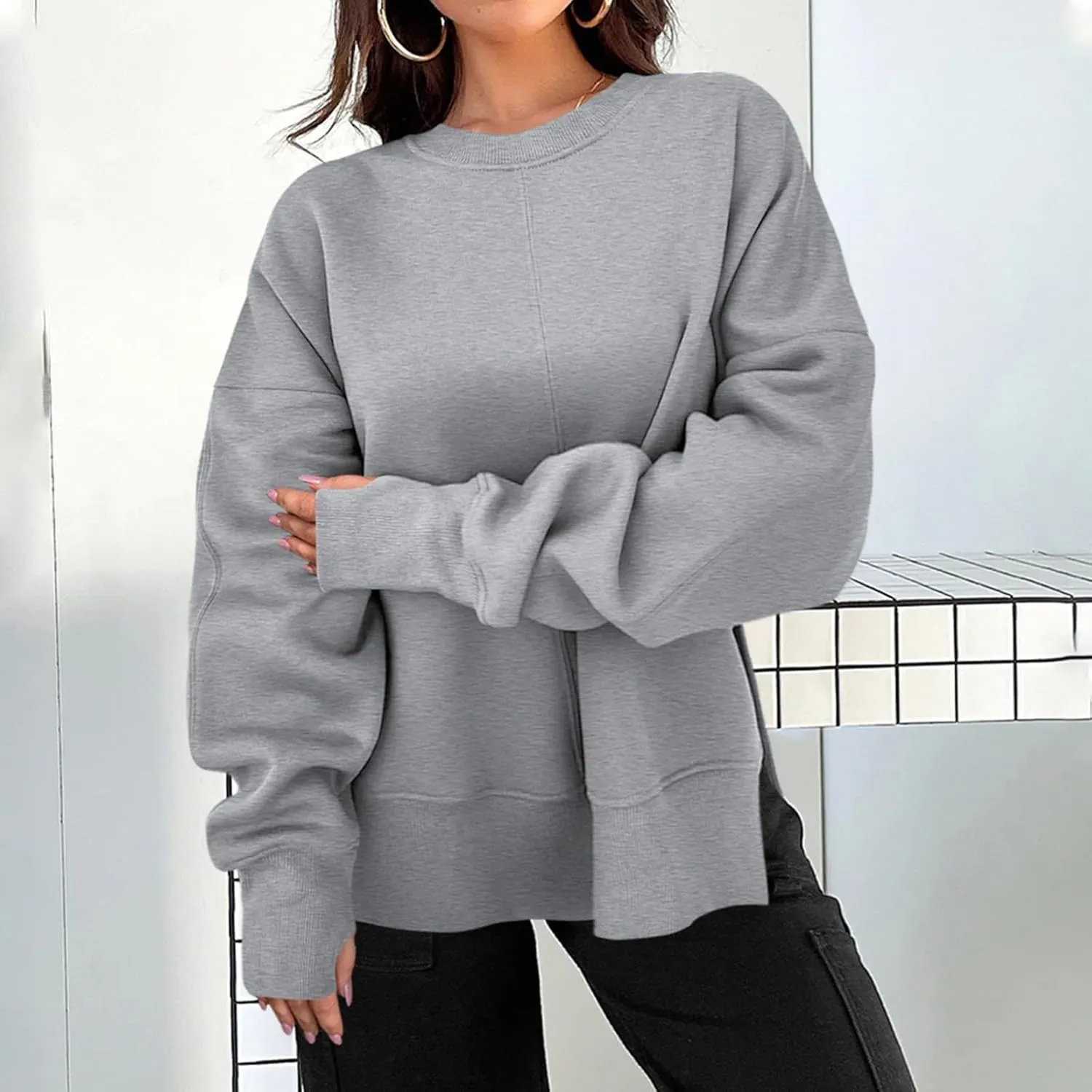 Oversized Sweatshirts Women Casual Loose Fit Crewneck Thumb Hole Sweatshirts High Low Split Hem Trendy Hoodies