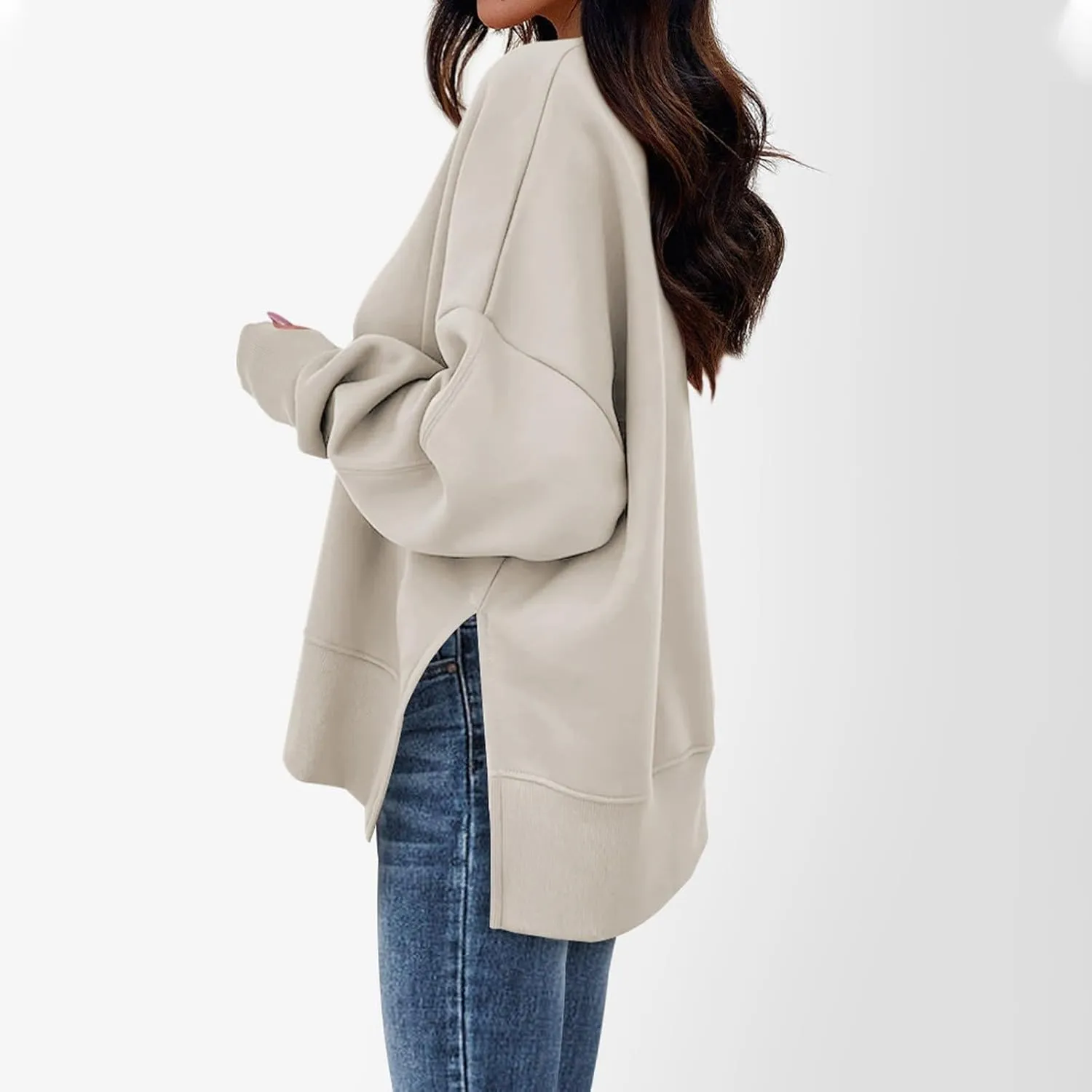 Oversized Sweatshirts Women Casual Loose Fit Crewneck Thumb Hole Sweatshirts High Low Split Hem Trendy Hoodies