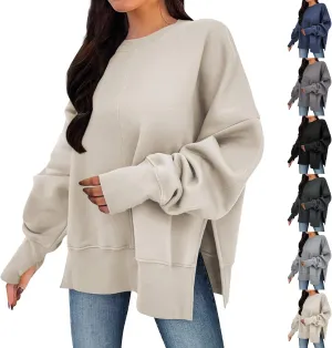 Oversized Sweatshirts Women Casual Loose Fit Crewneck Thumb Hole Sweatshirts High Low Split Hem Trendy Hoodies