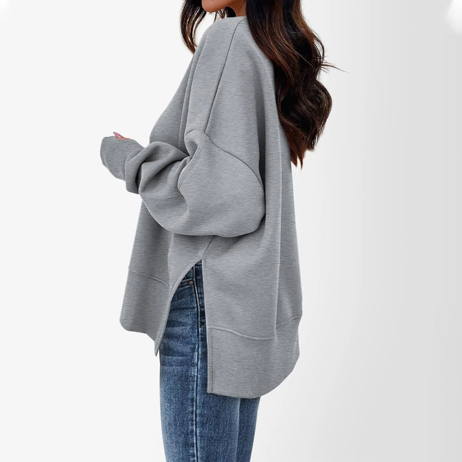Oversized Sweatshirts Women Casual Loose Fit Crewneck Thumb Hole Sweatshirts High Low Split Hem Trendy Hoodies