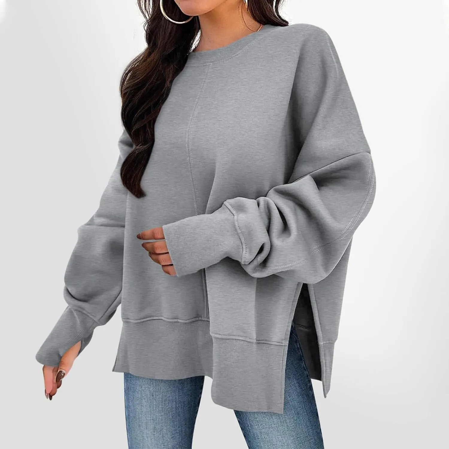 Oversized Sweatshirts Women Casual Loose Fit Crewneck Thumb Hole Sweatshirts High Low Split Hem Trendy Hoodies