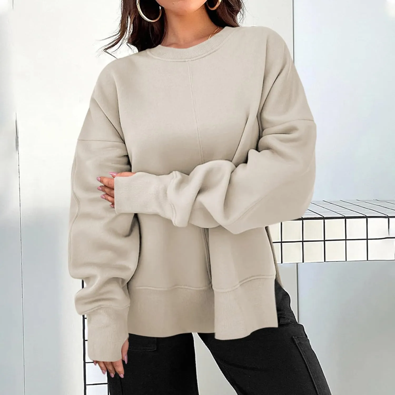 Oversized Sweatshirts Women Casual Loose Fit Crewneck Thumb Hole Sweatshirts High Low Split Hem Trendy Hoodies